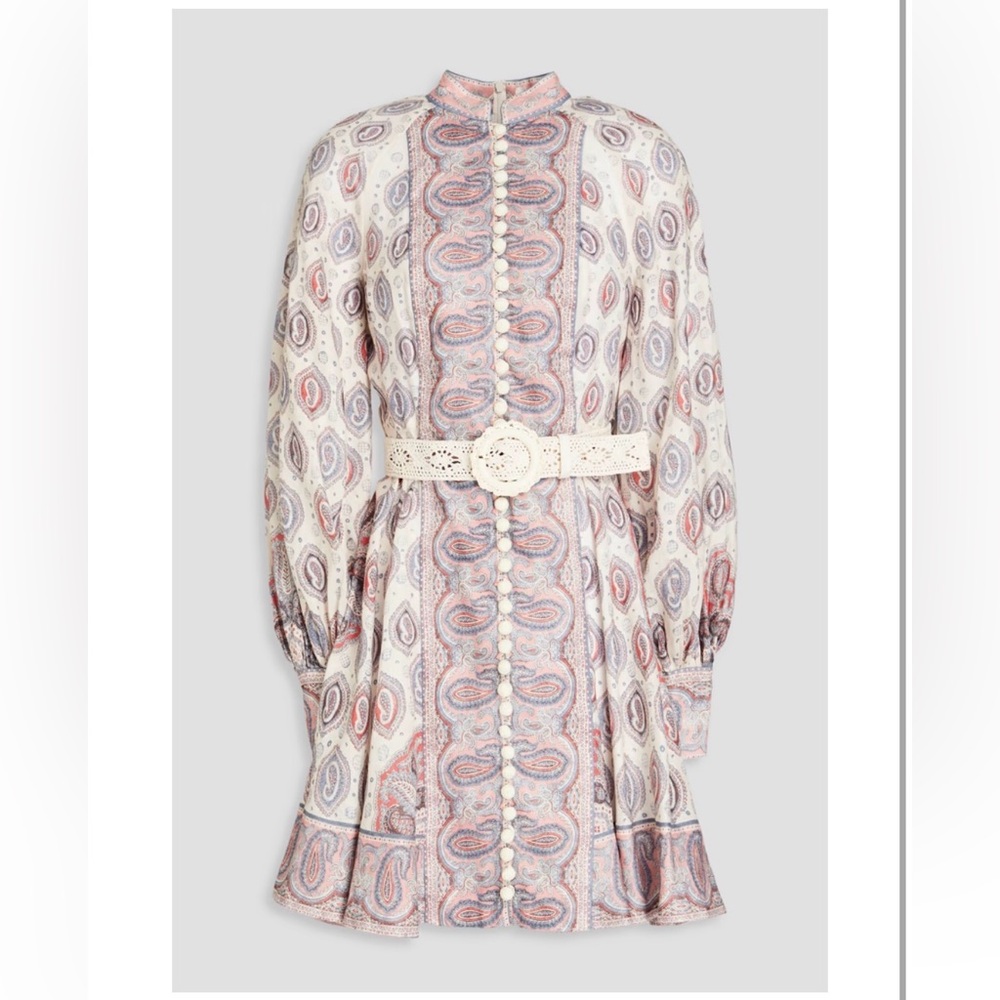 Zimmermann Belted Paisley Print Linen Mini Dress, size 0/4
